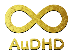 AuDHD under an infinity symbol, both filled in with a gold foil texture.