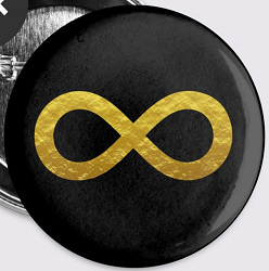 An infinity symbol filled in with a gold foil texture, on a black background.