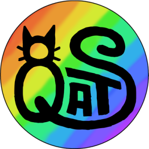 The letters Q, A, T, and S in black on a rainbow background. The Q has a cat head on top, with the Q acting as the cat's body and the S as the tail.